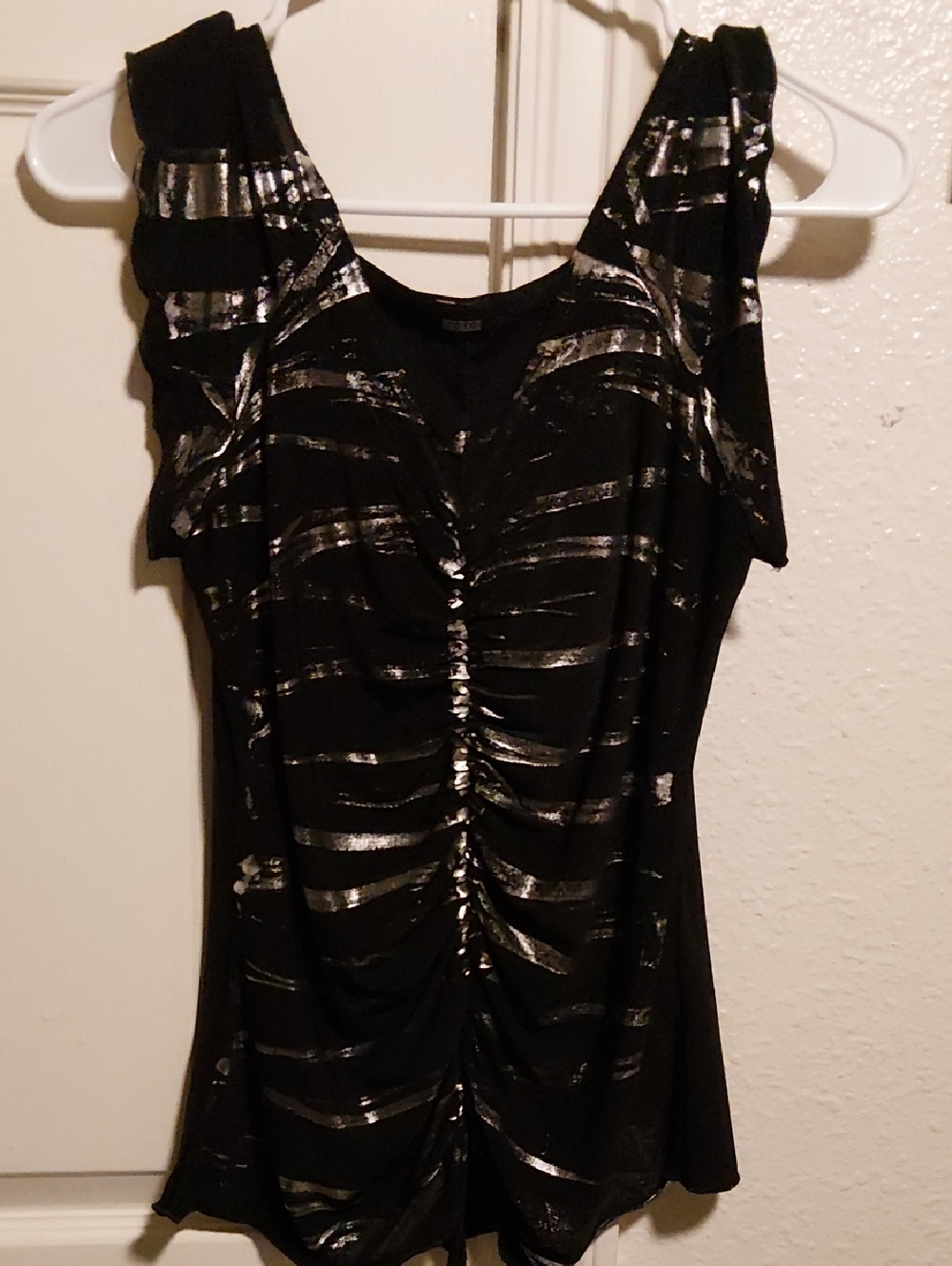 Black Metallic Ruched Cold-Shoulder Women's Top